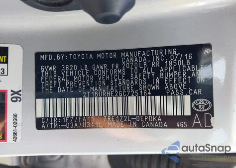 2016 Toyota Corolla L из США, поврежденный, VIN 2T1BURHE2GC725164